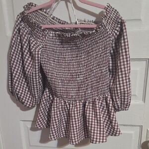 City Chic Plum & White Gingham Smocked Off-Shoulder Top
